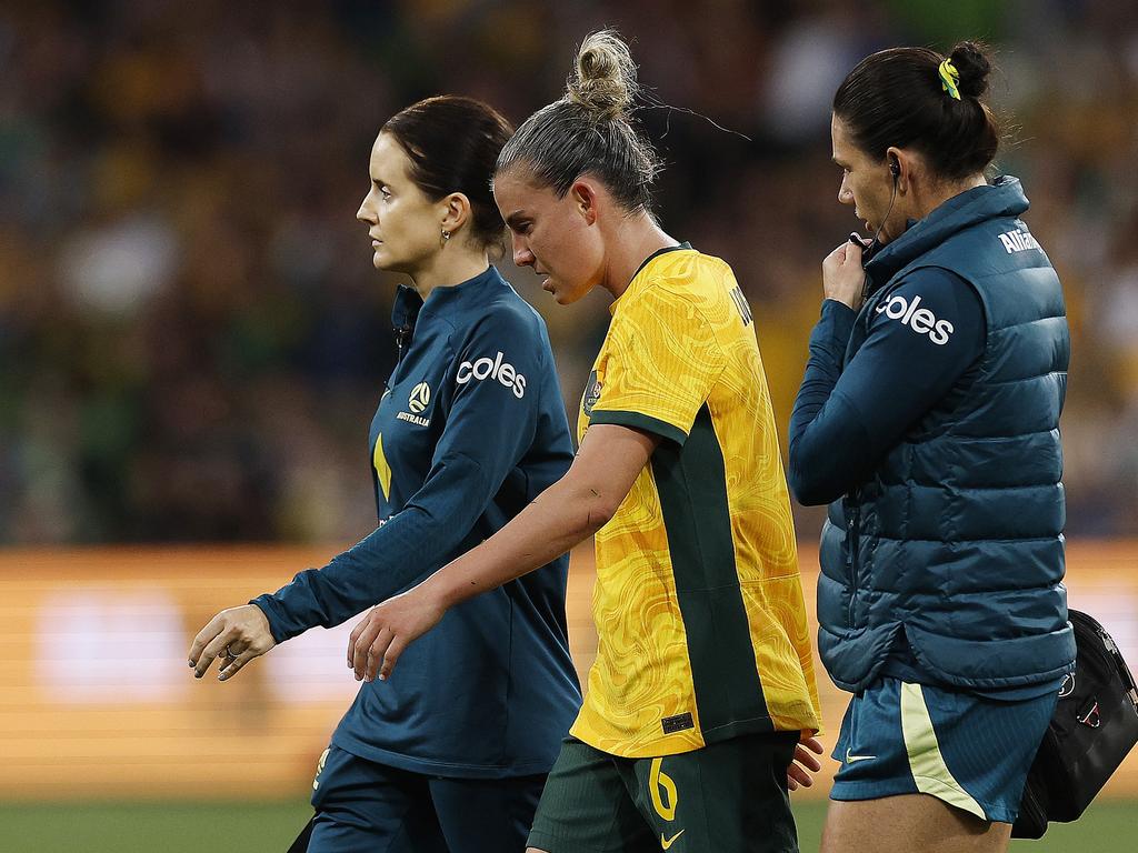 MELBOURNE, AUSTRALIA - DECEMBER 04: Chloe Logarzo of Australia reacts after a head clash with Chan Pi-Han of Chinese Taipei during the International Friendly match between Australia Matildas and Chinese Taipei at AAMI Park on December 04, 2024 in Melbourne, Australia. (Photo by Daniel Pockett/Getty Images)