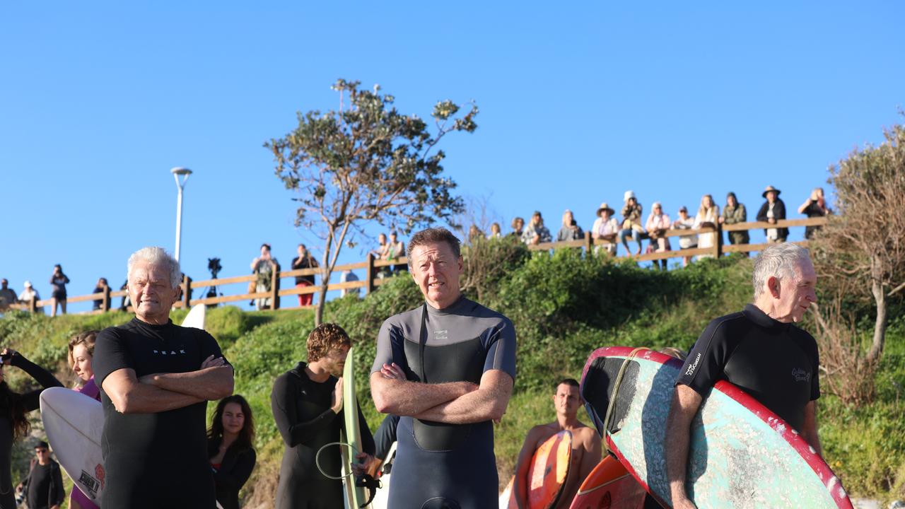 Members of the public took part in a paddle-out at Byron Bay's Main Beach to protest against the planned Netflix reality show Byron Baes on the morning of Tuesday, April 20, 2021. Picture: Liana Boss