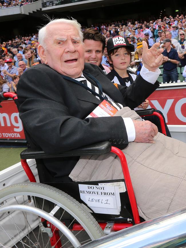 2014 AFL Grand Final match between Hawthorn Hawks and the Sydney Swans at the MCG Melbourne Cricket Ground on September 27, 2014. Lou Richards doing a lap of honor Picture: Alex Coppel.