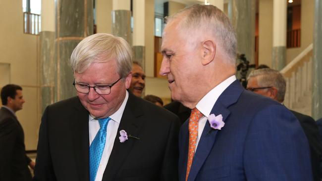 Former Liberal Leader Dr Brendan Nelson, Former PM Kevin Rudd with PM Malcolm Turnbull meeting at a breakfast to mark the 10th Anniversary of the National Apology to Australiaâ€™s Indigenous Peoples, at Parliament House in Canberra. Picture KymSmith