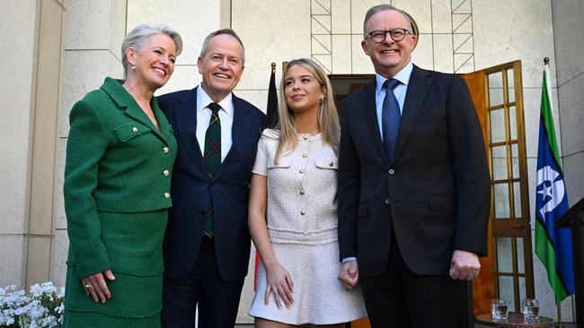 NDIS Minister Bill Shorten, his family, and Anthony Albanese at parliament on Thursday after announcing his retirement from parliament. Picture: AAP