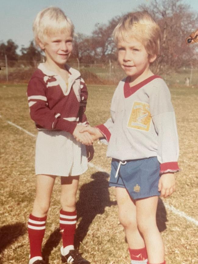 Brendan Cowell (right) and his cousin Kieran Blake facing off at Endeavour Oval circa 1983. Brendan was 7 and playing for De La Salle, Caringbah. Picture: Supplied