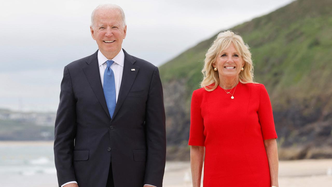 Joe Biden and his wife, Dr Jill Biden, in Cornwall today. Picture: Ludovic Marin/AFP