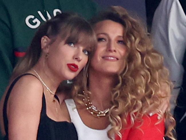 LAS VEGAS, NEVADA - FEBRUARY 11: Rapper Ice Spice, singer Taylor Swift and actress Blake Lively prior to Super Bowl LVIII between the San Francisco 49ers and Kansas City Chiefs at Allegiant Stadium on February 11, 2024 in Las Vegas, Nevada. (Photo by Steph Chambers/Getty Images)