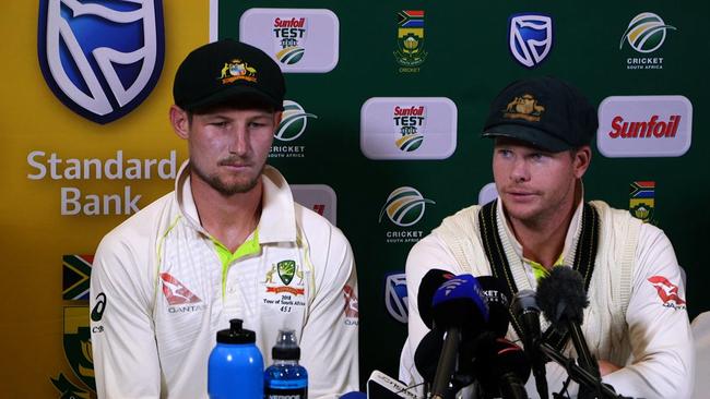 Australia’s Steve Smith and Bancroft front the media after sandpaper was used on the ball.