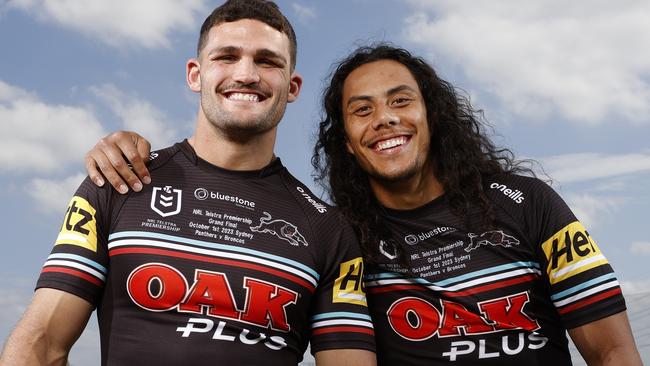 **** ON HOLD DO NOT USE *** SPEAK TO THE DAILY TELEGRAPH PIC DESK BEFORE USING. DAILY TELEGRAPH SEPTEMBER 26, 2023. Nathan Cleary and Jarome Luai ahead of the Penrith Panthers grand final against the Broncos. Picture: Jonathan Ng