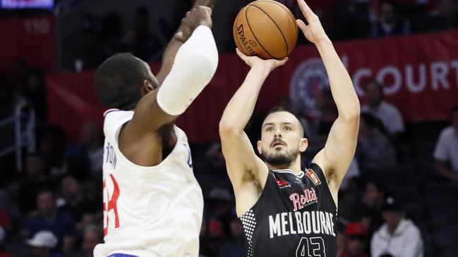 Melbourne United star Chris Goulding squares off against the LA Clippers in a 2019 NBL v NBA pre-season game. Picture: Getty Images