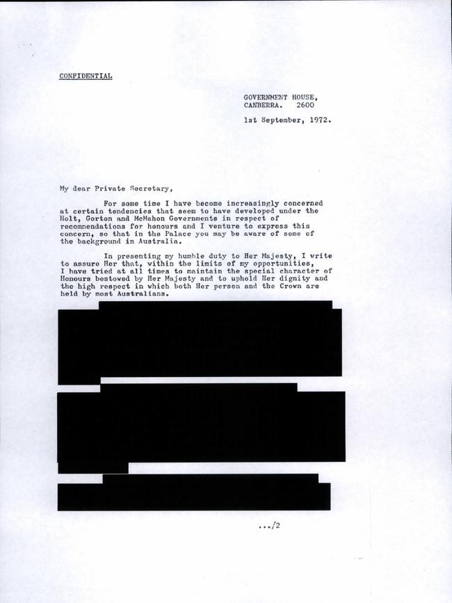 Correspondence to the Palace in 1972 by Governor-General Sir Paul Hasluck that has recently been released by the National Archives but heavily redacted. Picture: National Archives of Australia