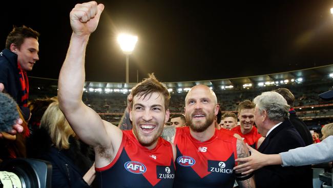 Melbourne co-captains Jack Viney and Nathan Jones after the win.