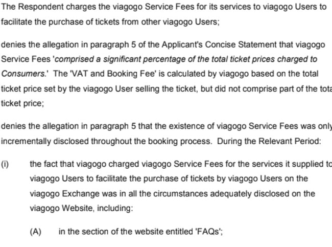 Excerpt from Viagogo document filed with the Federal Court. Source: News Corp Australia