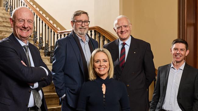 Reverend, Tim Costello, Professor Paul Arbon, Channel 7's Jessica Adamson, Professor Leonard Notaras and ABC Reporter, Eric Tlozek in Adelaide, for the Fearless Conversations Investigator Lecture, Thursday, Sept. 8, 2022. Picture: MATT LOXTON