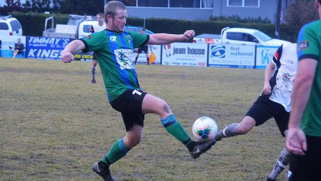 Hayden McMahon makes a challenge during the Maclean Bobcats Football Far North Coast opener against Richmond Rovers on Saturday, July 25, 2020.