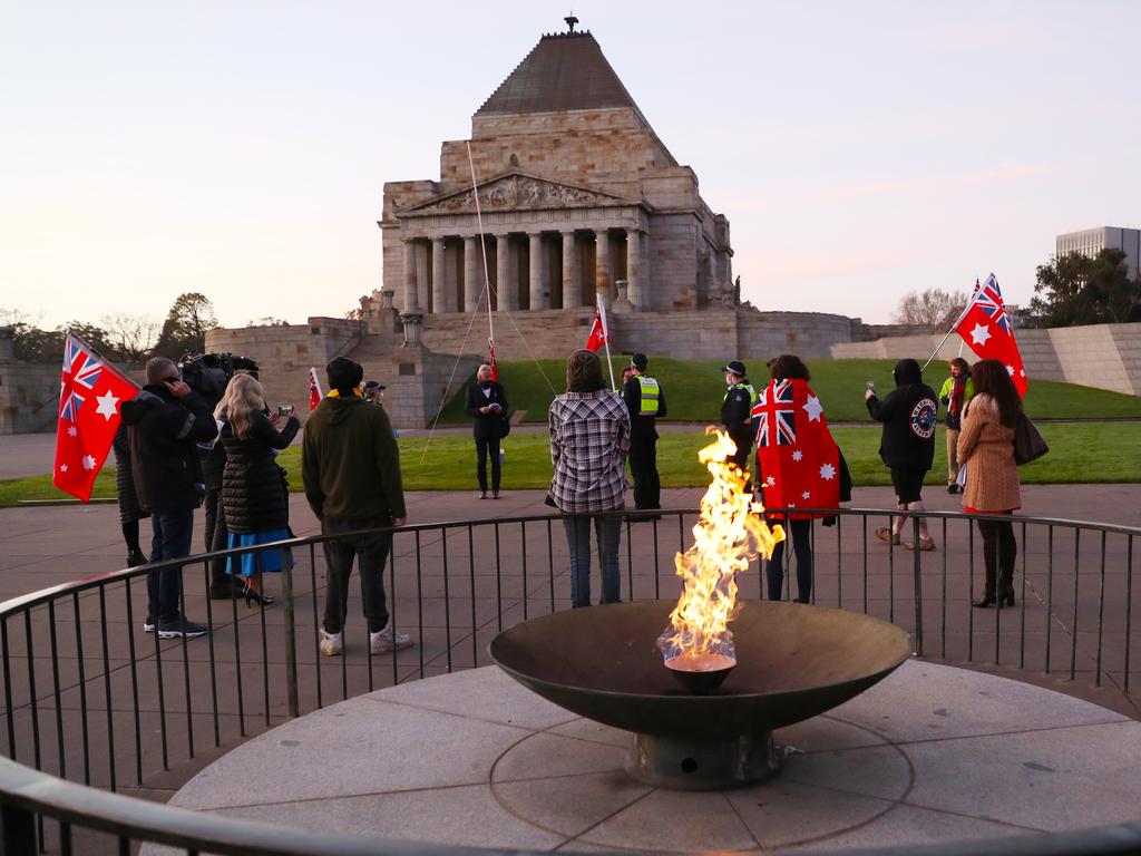 Anti-mask protesters hold a protest on the forecourt of the Shrine of Remembrance. Picture: NCA NewsWire/David Crosling