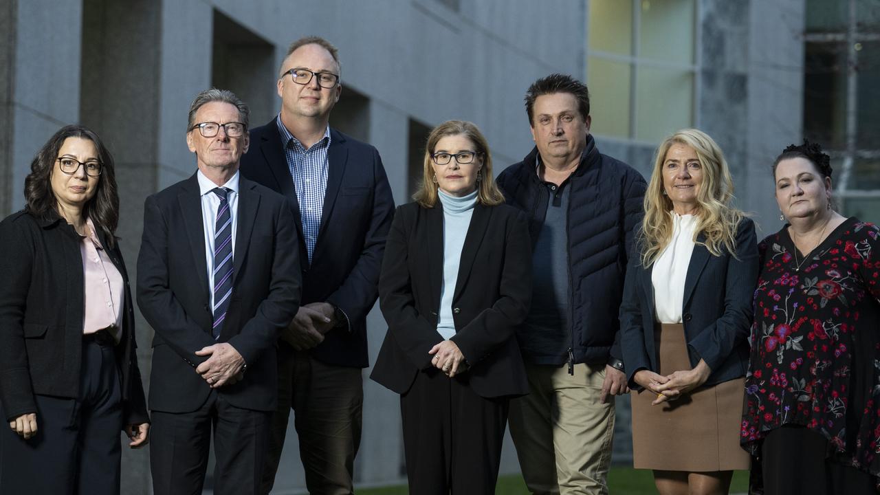 Parent Fiona Farrugia, Wayne Holdsworth, Clinical Psychologist Simon Wilksch Flinders University, parent and Executive Director Eating Disorders Families Australia Jane Rowan, parent Ali Halkic, Professor Selena Bartlett, Neuroscientist and parent Emma Mason gather at Parliament House in Canberra. Picture: NCA NewsWire / Martin Ollman