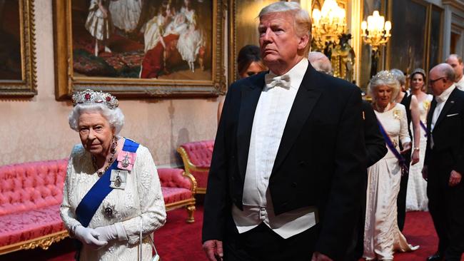 The Queen threw a banquet at Buckingham Palace to mark the US president and First Lady's three-day state visit to the UK. Picture: Victoria Jones / POOL / AFP)