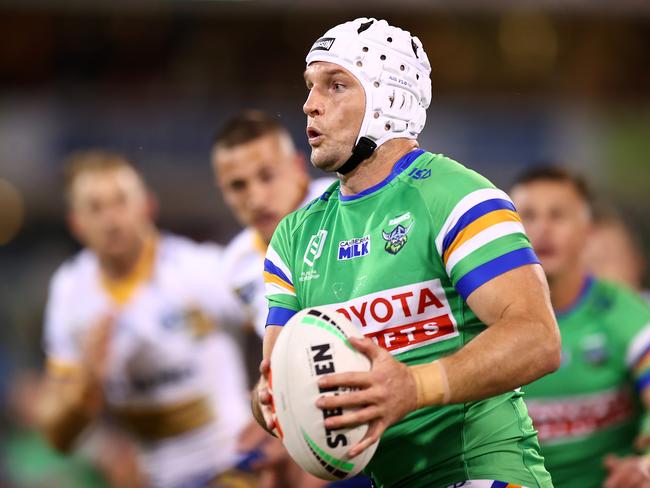 CANBERRA, AUSTRALIA - MAY 13: Jarrod Croker of the Raiders makes a line break during the round 11 NRL match between Canberra Raiders and Parramatta Eels at GIO Stadium on May 13, 2023 in Canberra, Australia. (Photo by Mark Nolan/Getty Images)