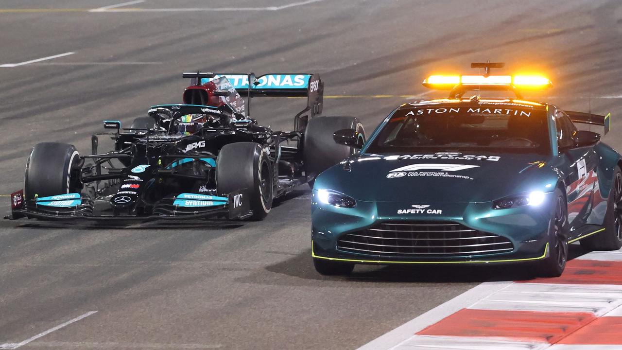 Lewis Hamilton drives behind the safety car during the Abu Dhabi Formula One Grand Prix. Picture: AFP