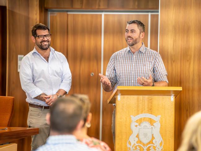 May Matt Paterson watches Chris Daffy speak after he was appointed councillor at Alice Springs Town Council at the end of October, 2024.