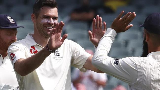 Jimmy Anderson celebrates his first five-wicket haul in Australia. Picture: Sarah Reed.