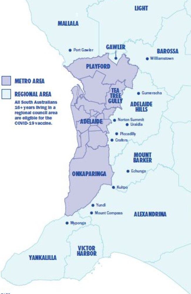 The areas around Adelaide classed as “regional SA” where all residents aged over 16 can now get a Covid-19 vaccine.