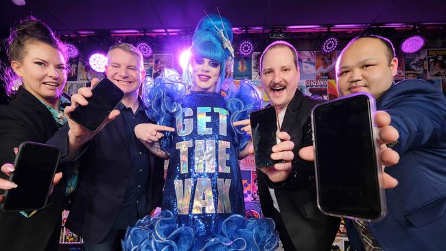 Picture of Andy Pobjoy and Staff from The Piano Bar supporting vaccination. with from left Erica Parsons, Aaron Skinner, Art Simone, Andy Pobjoy and George Saykao. Picture: Mark Wilson