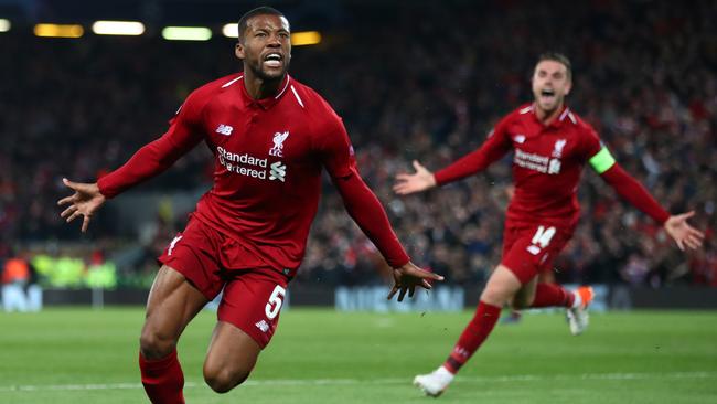 Georginio Wijnaldum scores Liverpool’s third. Picture: Getty Images