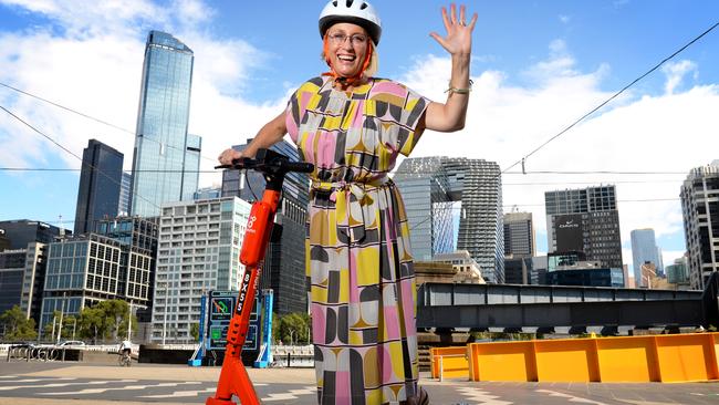 Lord Mayor of Melbourne Sally Capp rides one of the e-scooters available for public rental from February. Picture: Andrew Henshaw