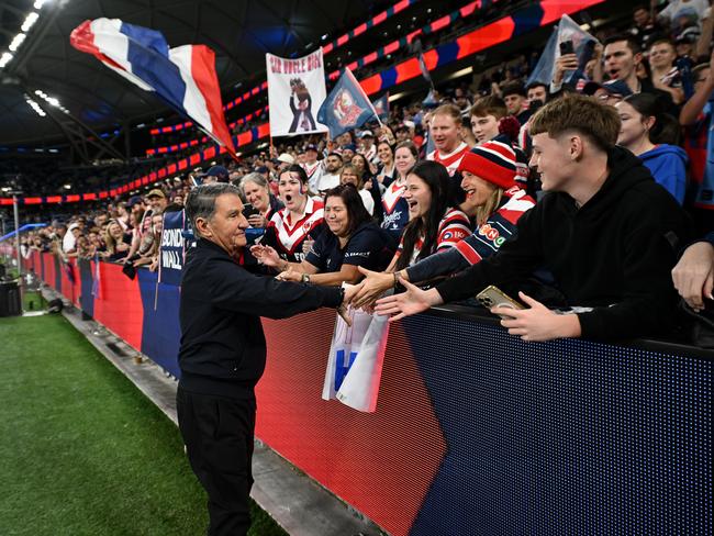 Sydney Roosters chairman Nick Politis thanks fans after the semi-final win over Manly. NRL Imagery