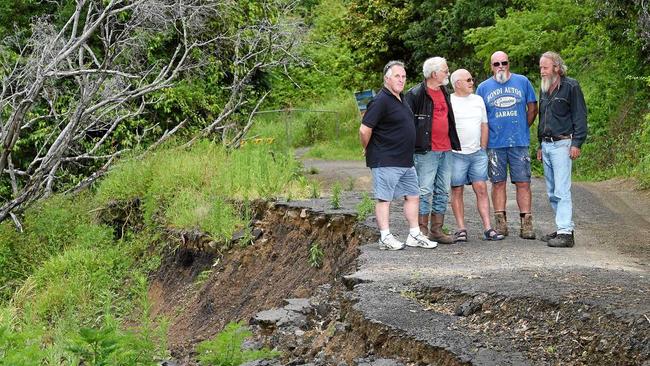 FIX OUR ROADS: Residents Murray Ings, John Sheldon, Ian Hooper, Gary Ryab and Michael Langham are calling on Lismore City Council to repair unsafe roads in the Jiggi-Georgica area, including landslide-ravaged Oakey Creek Rd. Picture: Marc Stapelberg