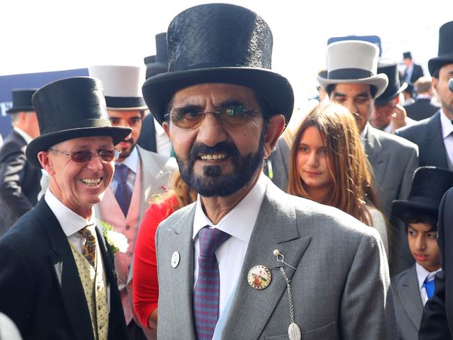 EPSOM, ENGLAND - JUNE 02: Godolphin owner Sheikh Mohammed celebrates his horse Masar winning the Investec Derby race on Derby Day at Epsom Downs on June 2, 2018 in Epsom, England.  (Photo by Warren Little/Getty Images)