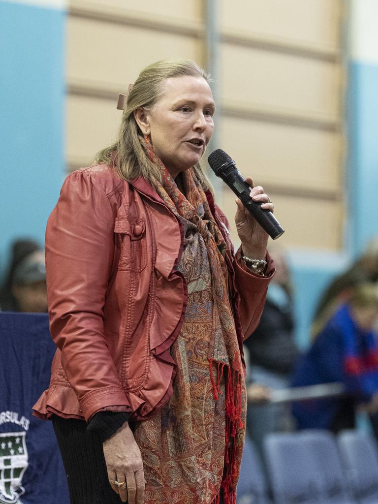 St Ursula's College principal Deidre Young speaking after the Senior A team defeated Downlands First VII in Merici-Chevalier Cup netball at Salo Centre, Friday, July 19, 2024. Picture: Kevin Farmer