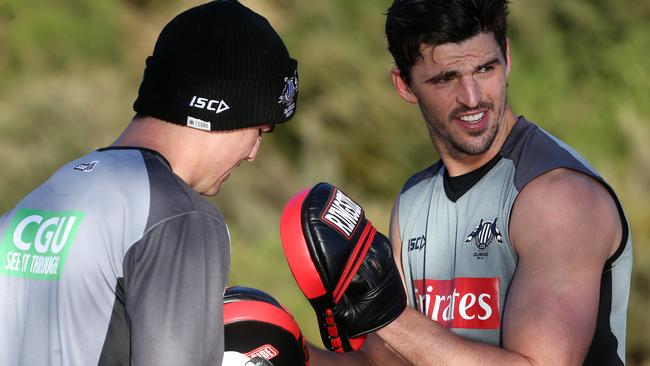 Collingwood captain Scott Pendlebury takes part in a boxing session. Picture: Michael Klein