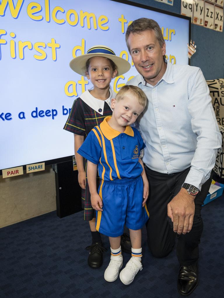 Toowoomba Grammar School Prep student Patrick Watson with sister Carmen and dad Joel Watson on the first day of school, Tuesday, January 23, 2024. Picture: Kevin Farmer