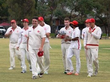 Jarryd Straker leads off Springvale South after his bag of seven wickets. Pic: Tony Cooper World of Photography