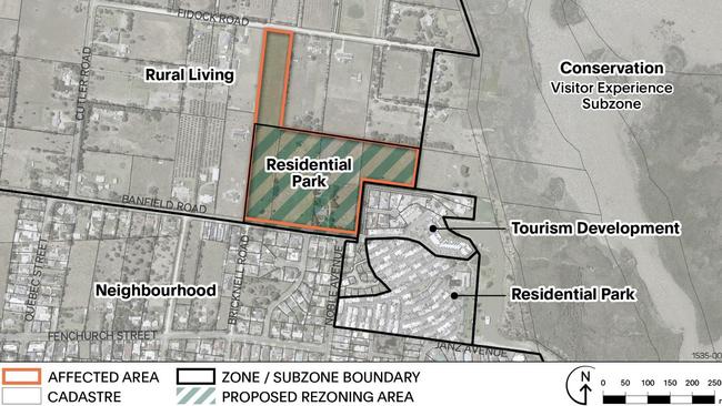 The map showing the section of land – outlined in orange – at Goolwa that would be rezoned under a plan to extend the Lakeside Goolwa Residential Park.