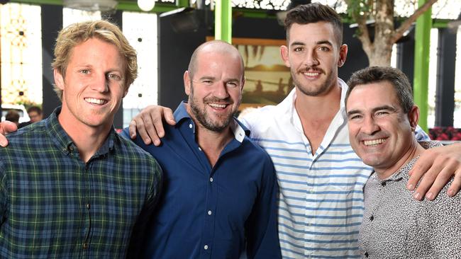 Rory Sloane, Mark Ricciuto, Taylor Walker and Tim Ginever at the Alma Tavern ahead of the Showdown in 2016. Picture: Roger Wyman