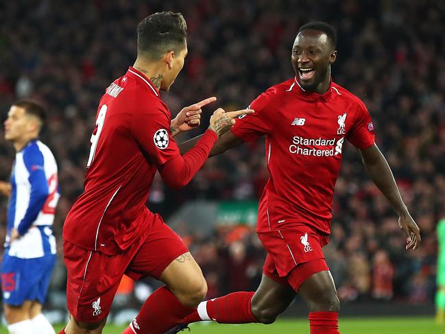 LIVERPOOL, ENGLAND - APRIL 09:   Naby Keita of Liverpool celebrates scoring his team's first goal past Iker Casillas of FC Porto during the UEFA Champions League Quarter Final first leg match between Liverpool and Porto at Anfield on April 09, 2019 in Liverpool, England. (Photo by Julian Finney/Getty Images)