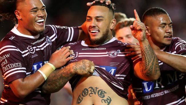 Manly's Addin Fonua-Blake celebrates.