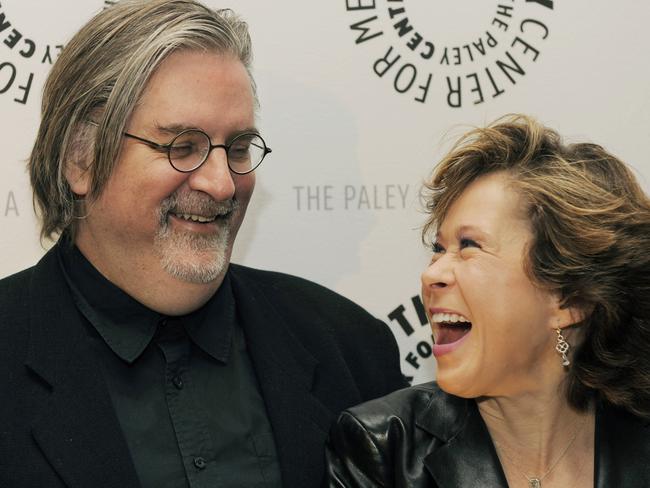 Spilling secrets ... Matt Groening, left, shares a laugh with Yeardley Smith, who provides the voice of Lisa Simpson. Picture: AP Photo/Chris Pizzello