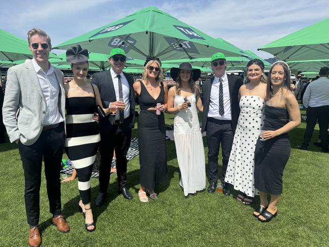 Oliver Crutchley, Monisha Inserra, Ryan Adams, Taylah Barr, Kaitlin O'Connor, Jack Davidson, Tara Jasper and Madi Ferris at Flemington for Derby Day on November 2, 2024. Picture: Phillippa Butt