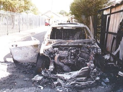 A burnt out Silver Mercedes-Benz allegedly used in the murder of Mick Hawi. Picture: supplied.