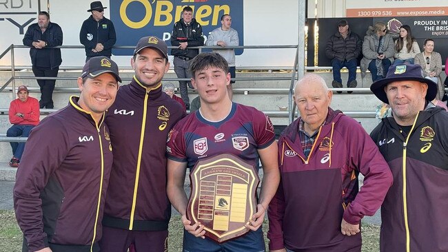 Jack McCosker with Broncos' Paul Dyer, Matt Gillett, Phil Hall and Mick Hancock.