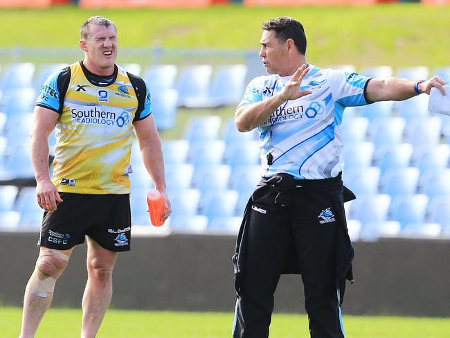 Paul Gallen and Shane Flanagan during a Cronulla Sharks training session. pic Mark Evans