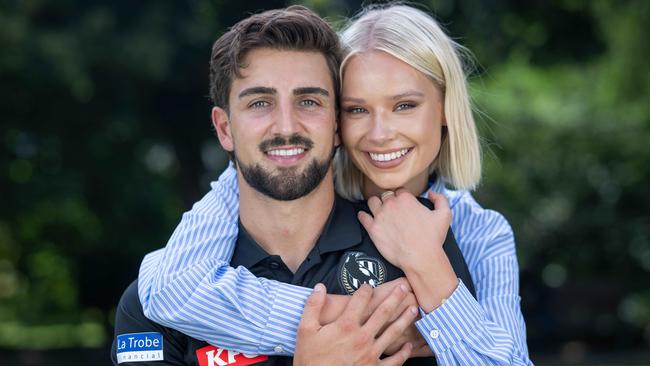 Collingwood star Josh Daicos and partner Annalise Dalins have opened up about their relationship. Picture: Tony Gough