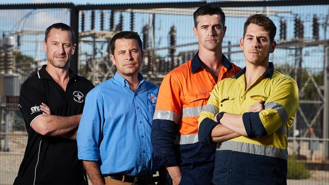 CEPU officials Paul Scudds and John Adley with electricians Greg Clift and Michael Wicht. AAP Image/MATT LOXTON