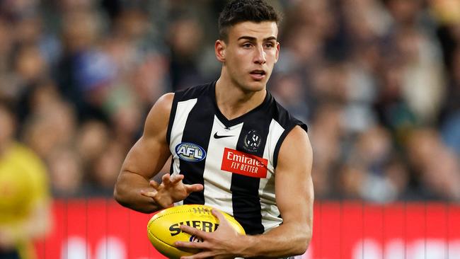 Collingwood’s Nick Daicos runs with the ball against Geelong. (Photo by Michael Willson/AFL Photos via Getty Images)