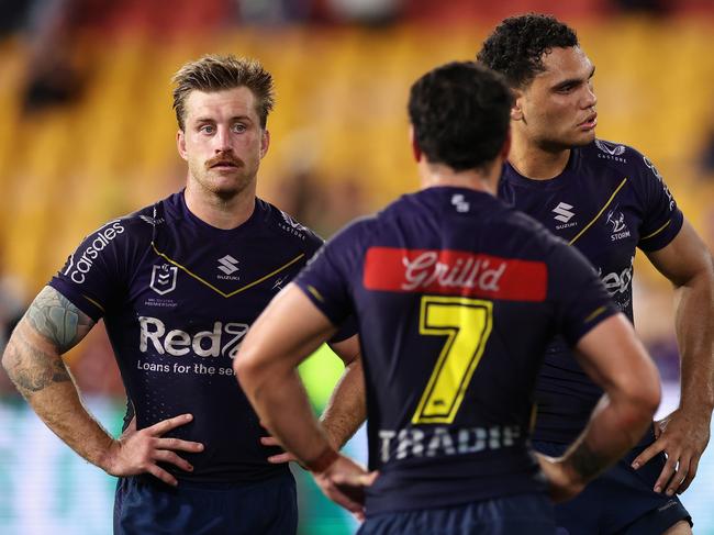 BRISBANE, AUSTRALIA - MAY 06: Storm players look dejected after losing the round 10 NRL match between Melbourne Storm and South Sydney Rabbitohs at Suncorp Stadium on May 06, 2023 in Brisbane, Australia. (Photo by Cameron Spencer/Getty Images)