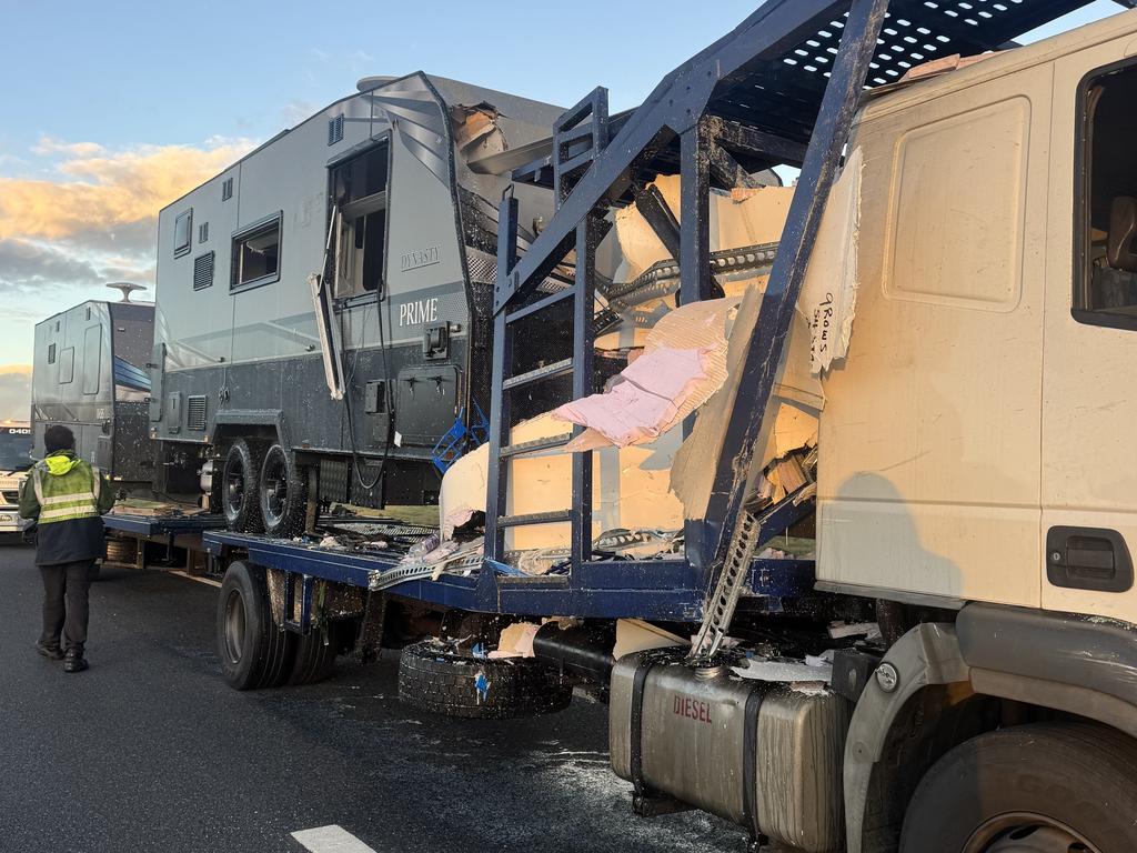An interstate semi-trailer carrying caravan was involved in a crash with milk truck at Southbrook.