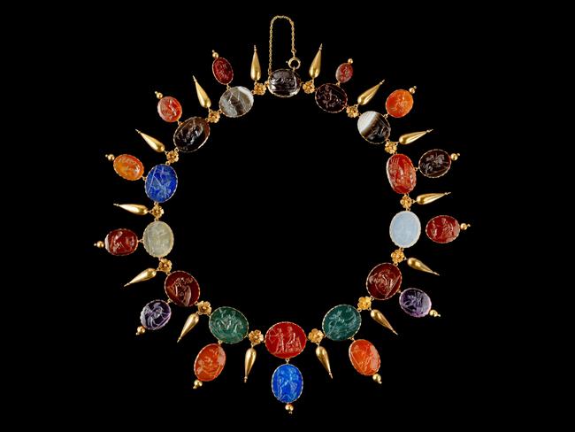 Intaglio necklace made from gold, agate, amethyst, bloodstone, carnelian, garnet, lapis lazuli, onyx, carved in Italy, set in England, c. 1870, donated by Anne Schofield. Picture: Marinco Kojdanovski