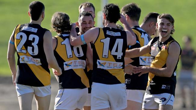 NFNL: Heidelberg players celebrate a goal. Picture: Andy Brownbill